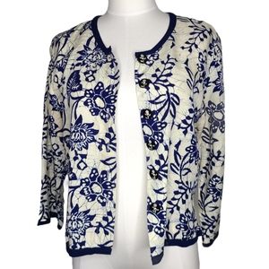 Vintage Blue Block Print Pearl Inlay Button Jacket Shirt S